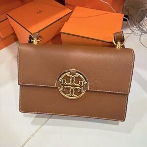 Tory Burch Tan Leather Shoulder Bag with Gold Accents